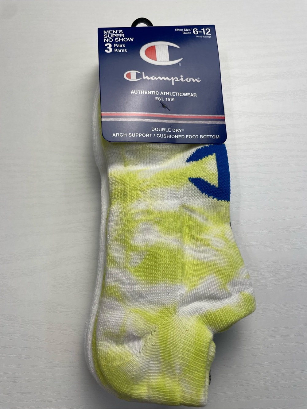 Champion Men's No-Show Athletic Socks - Yellow Tie-Dye with Blue Logo (3 Pack)
